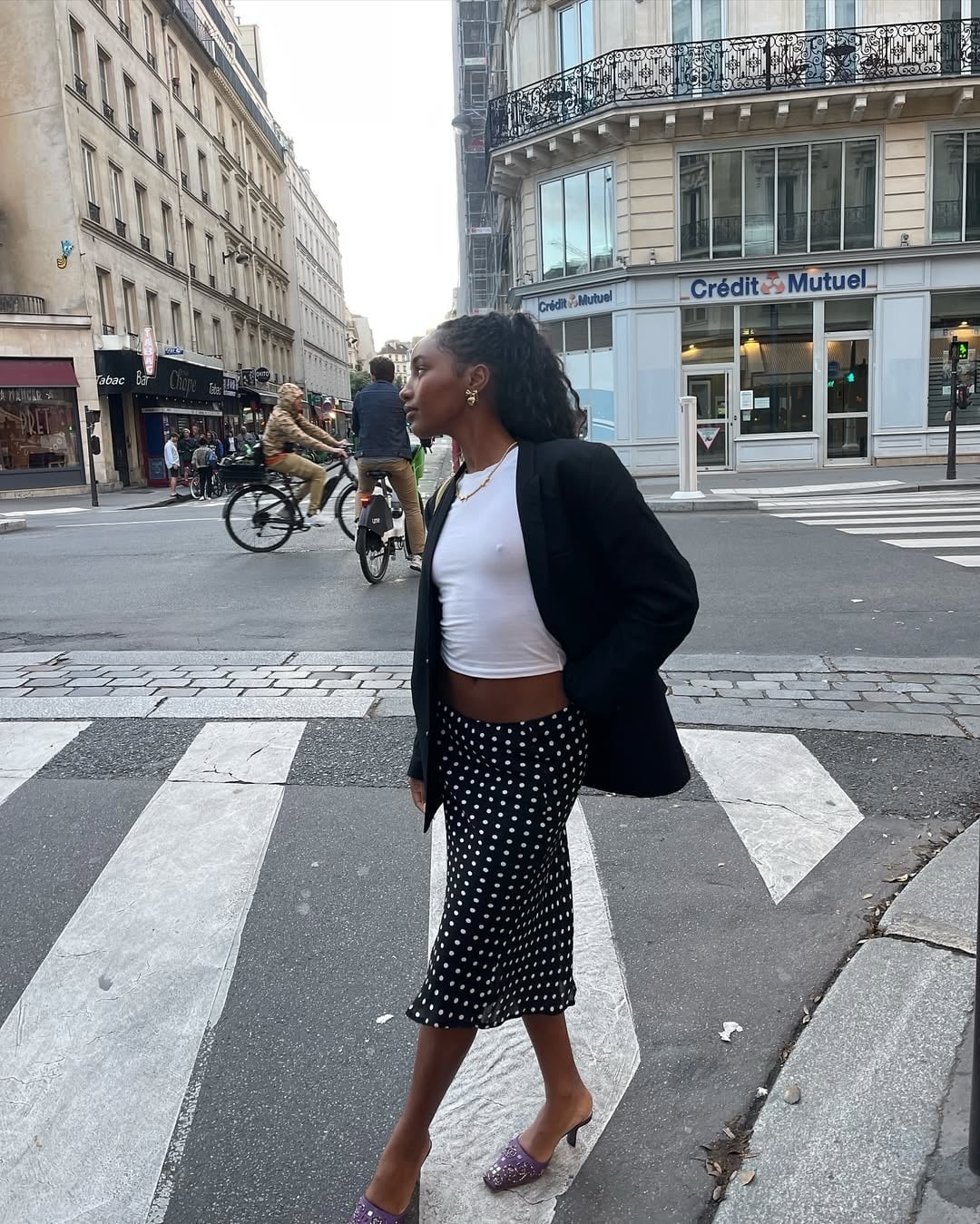 Black Polka Dot Midi Skirt With Crop Top and Blazer, Close-Up Take Black Polka Dot Midi Skirt With Crop Top and Blazer, Close-Up Take — Polka Dot Skirt Outfit