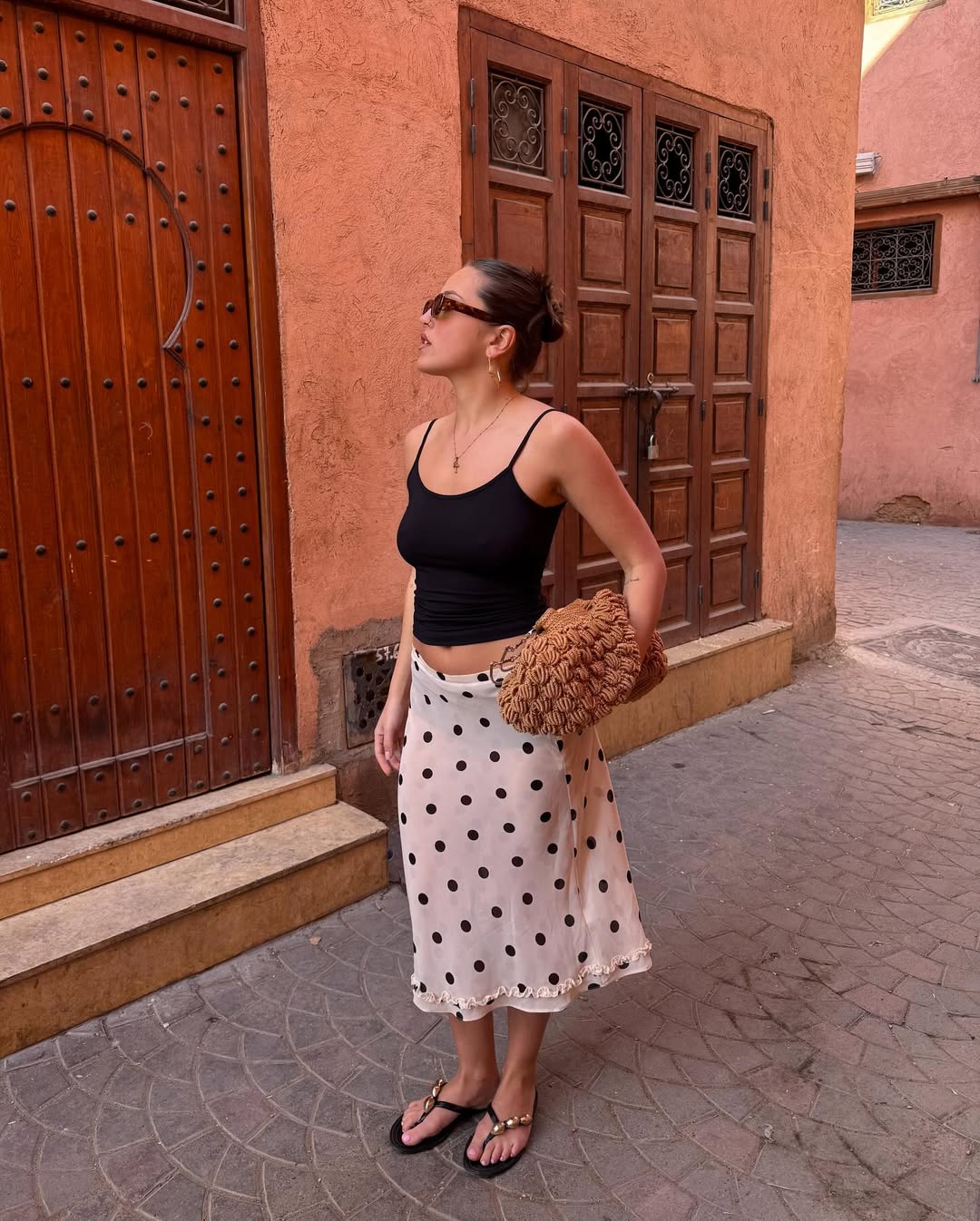 Sheer Cream Polka Dot Midi Skirt With Tank Top, Gold Hoop Earrings Sheer Cream Polka Dot Midi Skirt With Tank Top, Gold Hoop Earrings — Polka Dot Skirt Outfit