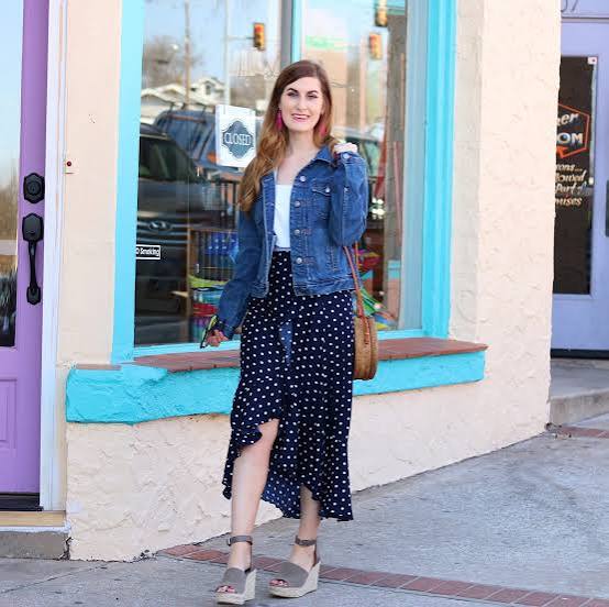 Navy Polka Dot Skirt With Asymmetrical Hem, Wedge Sandals Navy Polka Dot Skirt With Asymmetrical Hem, Wedge Sandals — Polka Dot Skirt Outfit