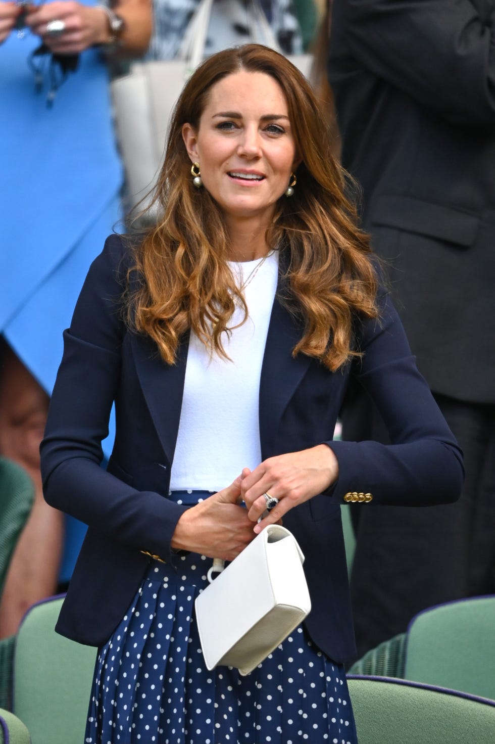 Blue Polka Dot Pleated Skirt With Navy Blazer, White Handbag Blue Polka Dot Pleated Skirt With Navy Blazer, White Handbag — Polka Dot Skirt Outfit