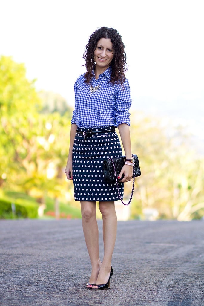 Navy Polka Dot Pencil Skirt With Gingham Shirt, Black Clutch Bag Navy Polka Dot Pencil Skirt With Gingham Shirt, Black Clutch Bag — Polka Dot Skirt Outfit