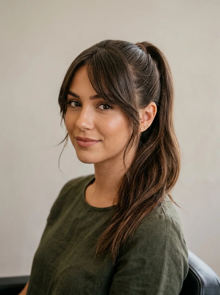Dark Brown Collarbone Ponytail With Soft Bangs Dark Brown Collarbone Ponytail With Soft Bangs — Ponytail with Bangs