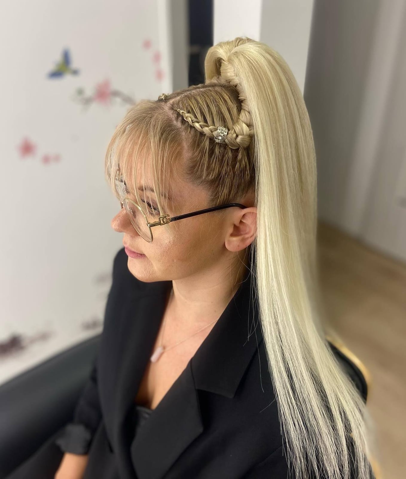 Sleek Platinum Ponytail With Braids Sleek Platinum Ponytail With Braids — Ponytail with Bangs