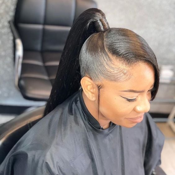 Sleek High Ponytail With Wispy Bangs, Mid-Back Sleek High Ponytail With Wispy Bangs, Mid-Back — Ponytail with Bangs
