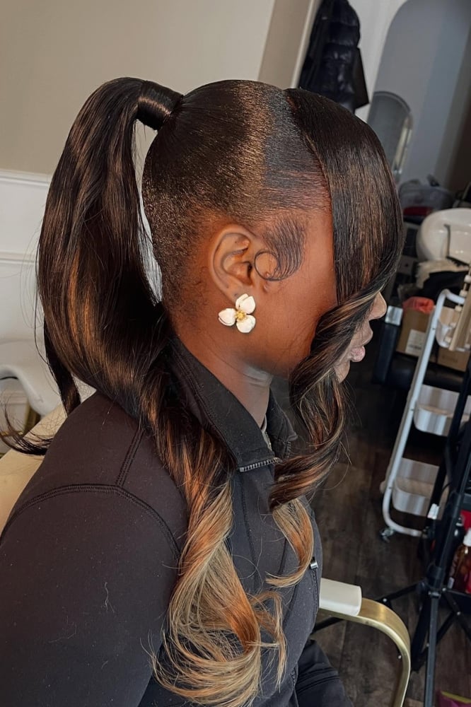 Sleek Shoulder Ponytail With Full Bangs Sleek Shoulder Ponytail With Full Bangs — Ponytail with Bangs