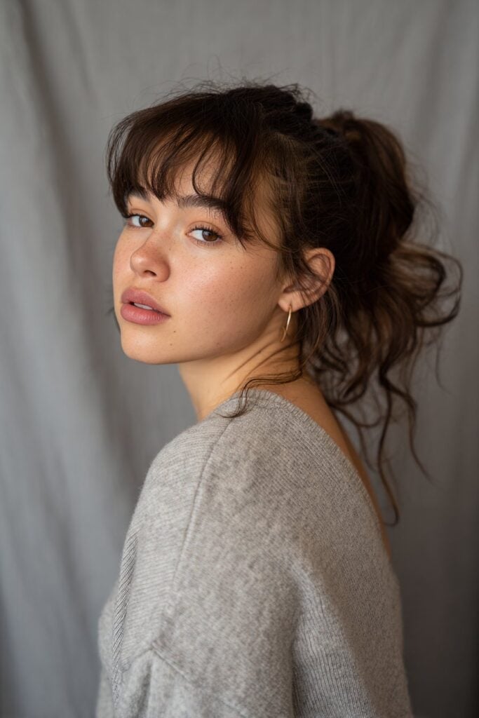 Messy Ponytail Collarbone Length With Waves Messy Ponytail Collarbone Length With Waves — Ponytail with Bangs
