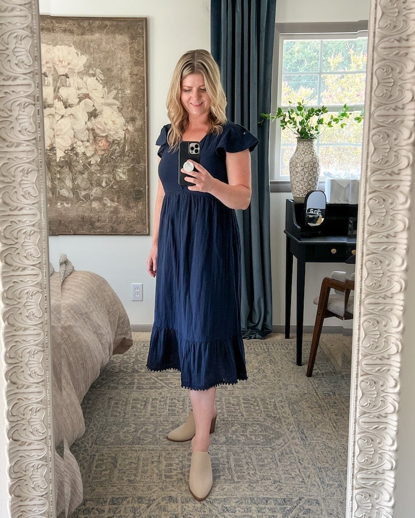 Navy tiered midi dress with block heel mules Navy tiered midi dress with block heel mules — Postpartum Outfits