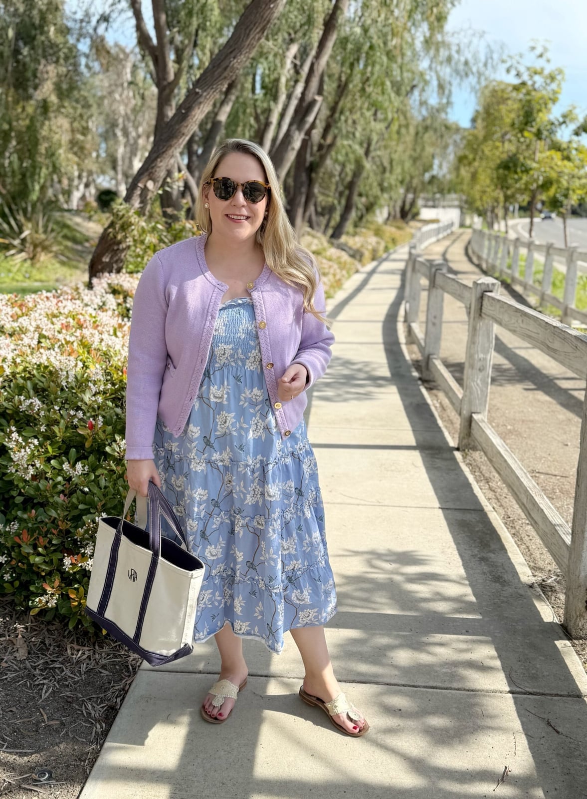 Blue floral tiered dress with lilac cardigan Blue floral tiered dress with lilac cardigan — Postpartum Outfits