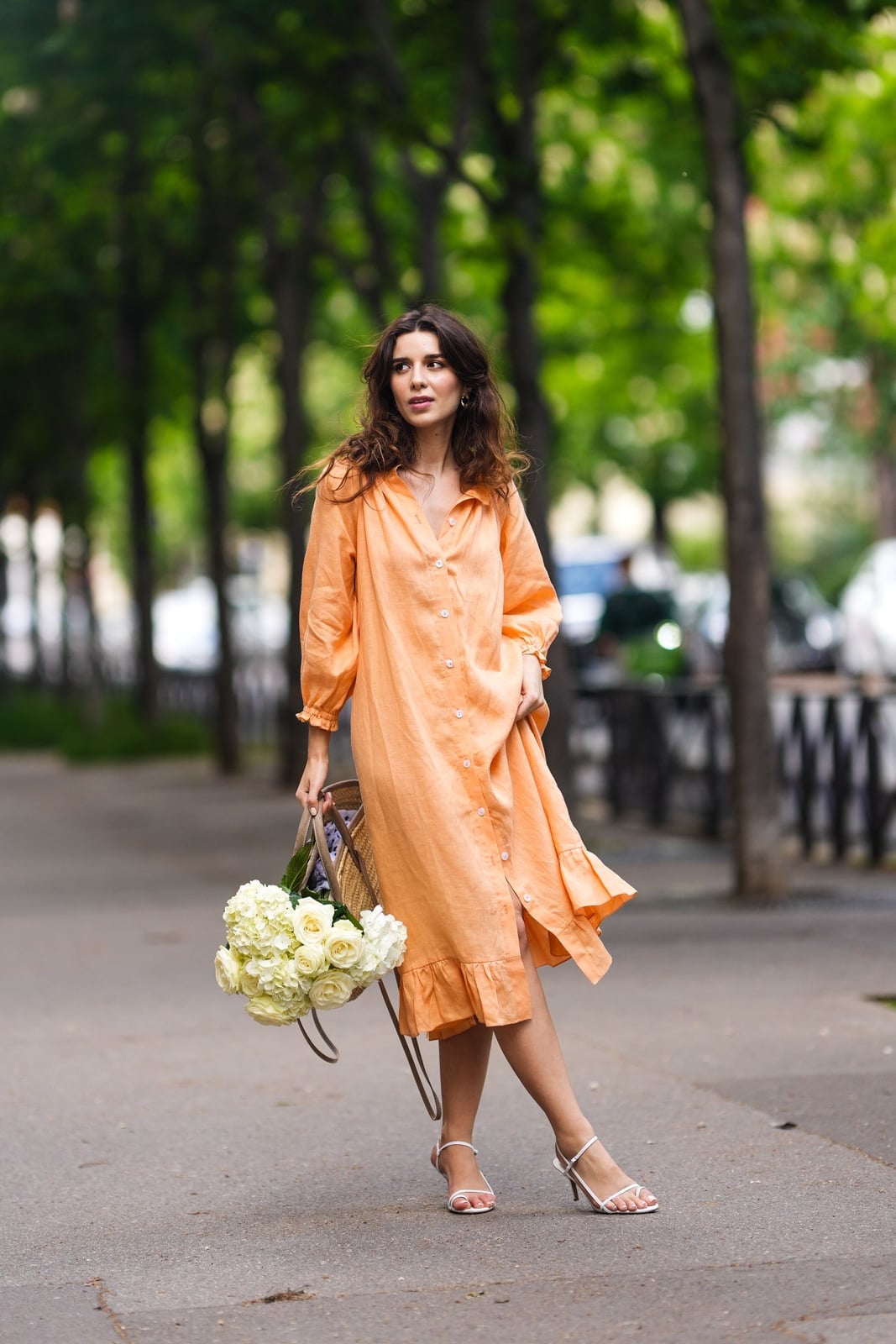 Peach linen midi dress with ruffled hem Peach linen midi dress with ruffled hem — Postpartum Outfits