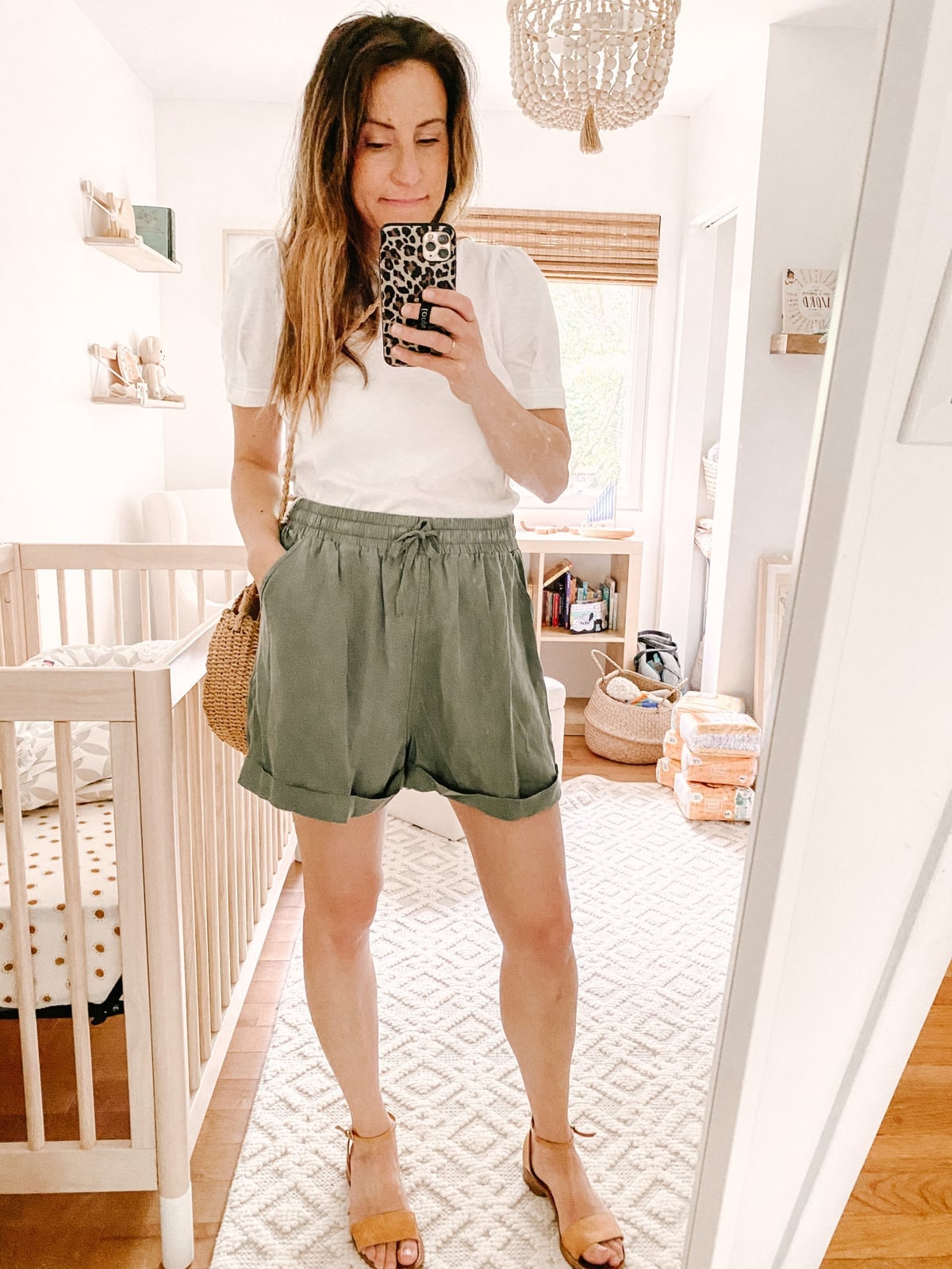 Olive green drawstring shorts with white puff sleeve t-shirt Olive green drawstring shorts with white puff sleeve t-shirt — Postpartum Outfits