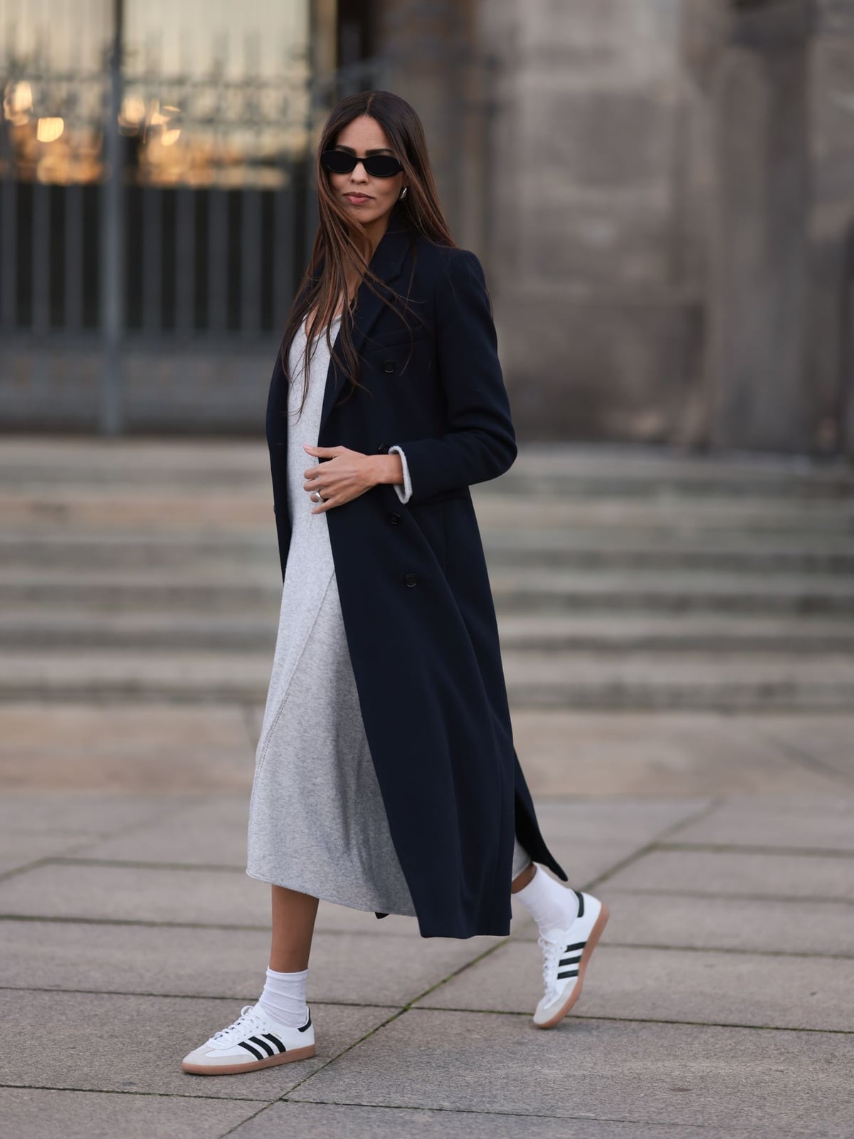 Navy coat over gray knit midi dress Navy coat over gray knit midi dress — Postpartum Outfits