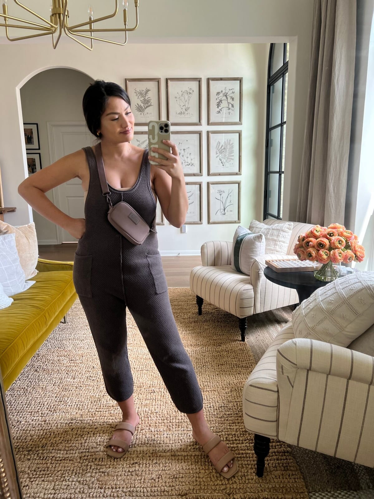 Charcoal gray waffle knit jumpsuit, Flat Slip-On Shoes Charcoal gray waffle knit jumpsuit, Flat Slip-On Shoes — Postpartum Outfits