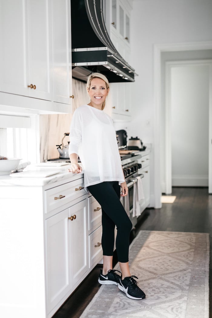 White mesh long-sleeve top with black leggings White mesh long-sleeve top with black leggings — Postpartum Outfits