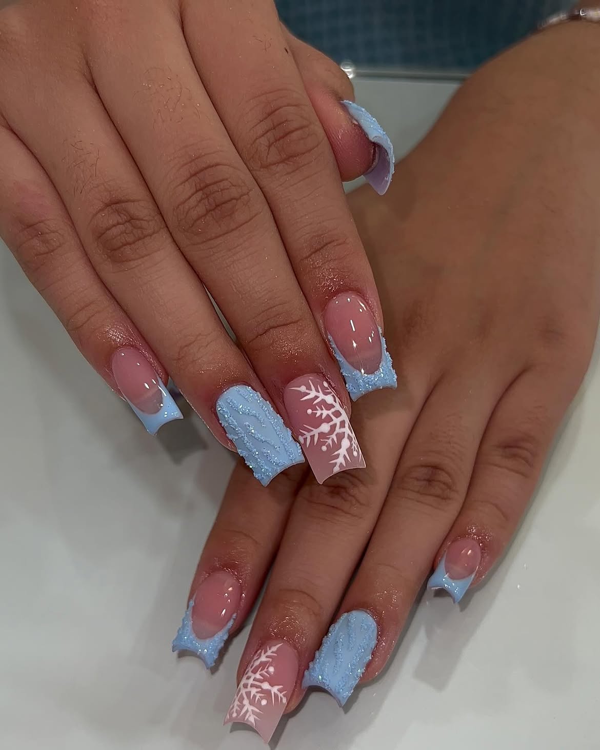 Powder Blue Snowflake Matte Square Nails