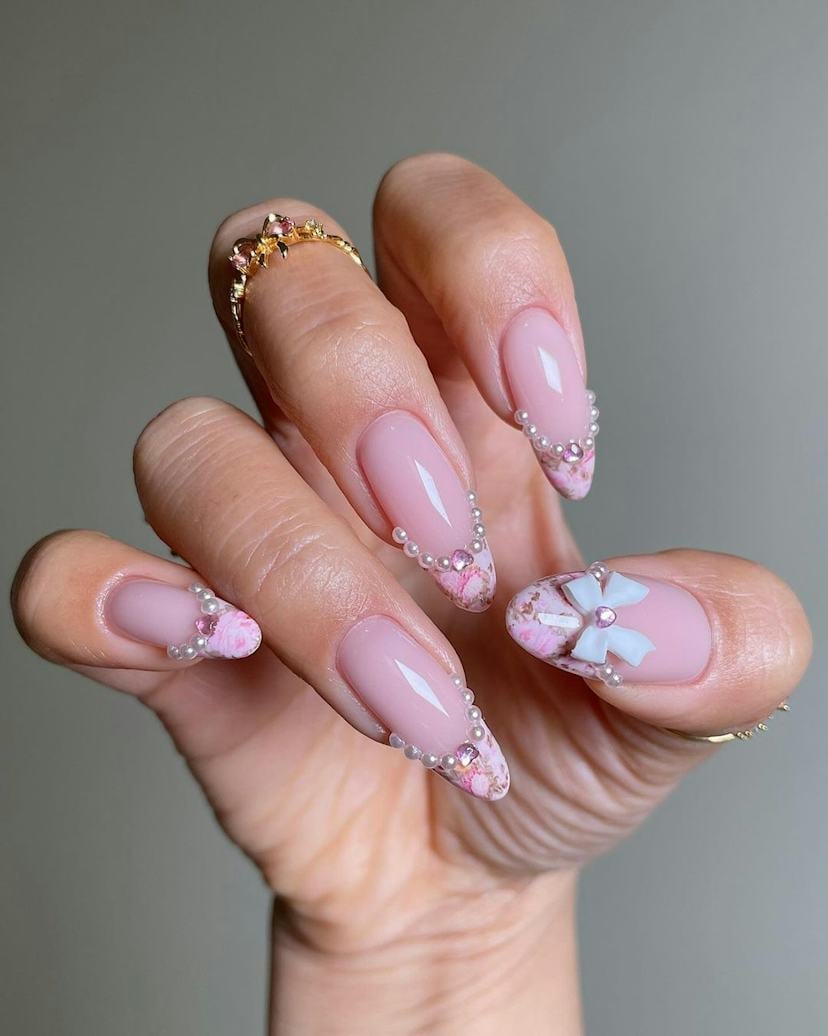 French Manicure with Pearls and Flowers French Manicure with Pearls and Flowers — Preppy Nails