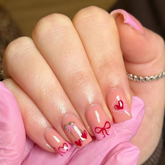Pink Hearts and Bows Square Nails Pink Hearts and Bows Square Nails — Preppy Nails