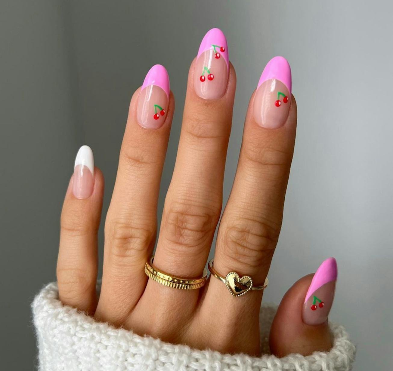 Cherry Motif French Tip Long Almond Nails Cherry Motif French Tip Long Almond Nails — Preppy Nails