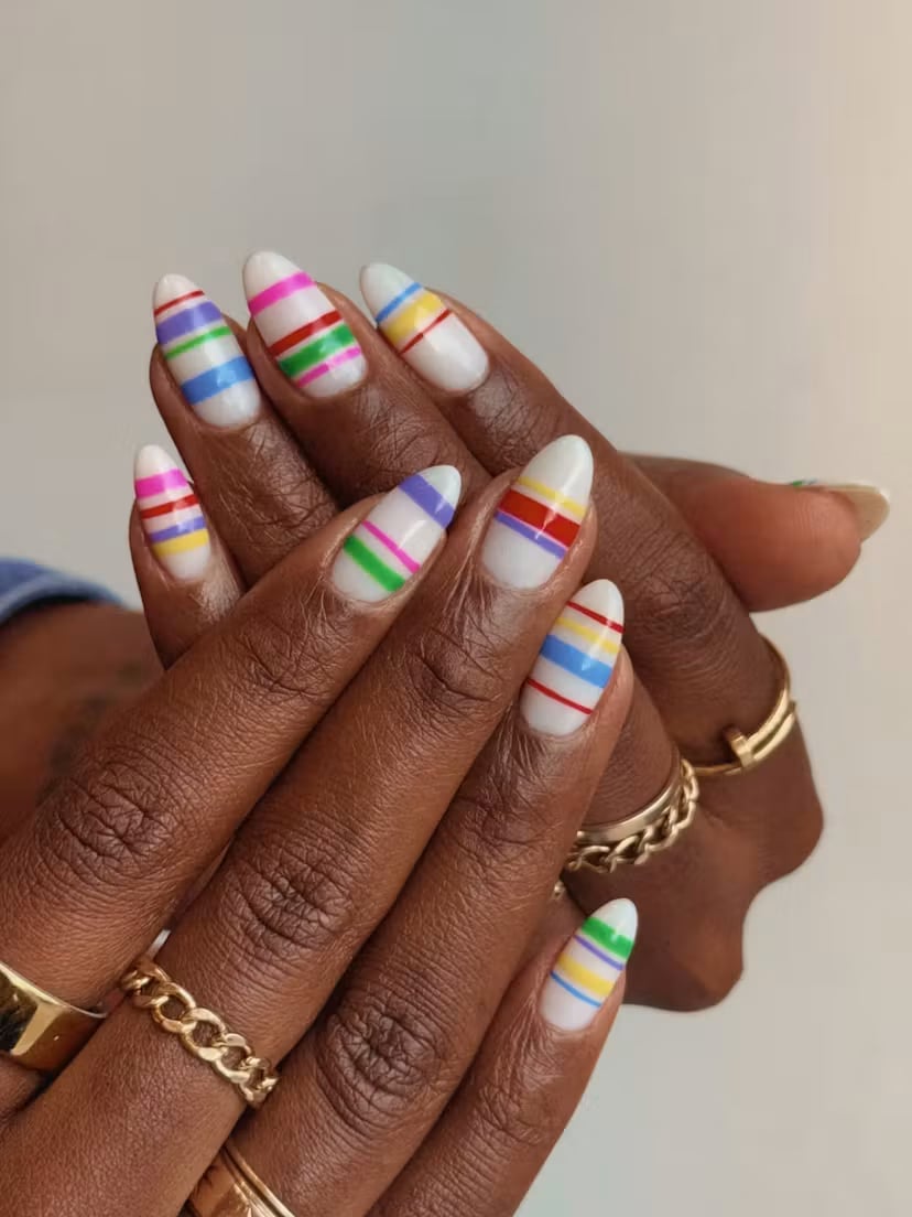 Colorful Horizontal Stripes Medium Almond Nails Colorful Horizontal Stripes Medium Almond Nails — Preppy Nails