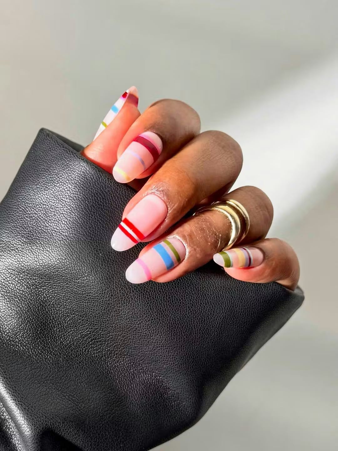 Thin Multi-Colored Stripes Medium Oval Nails Thin Multi-Colored Stripes Medium Oval Nails — Preppy Nails