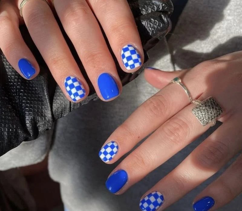 Blue Checkerboard Short Squoval Nails Blue Checkerboard Short Squoval Nails — Preppy Nails