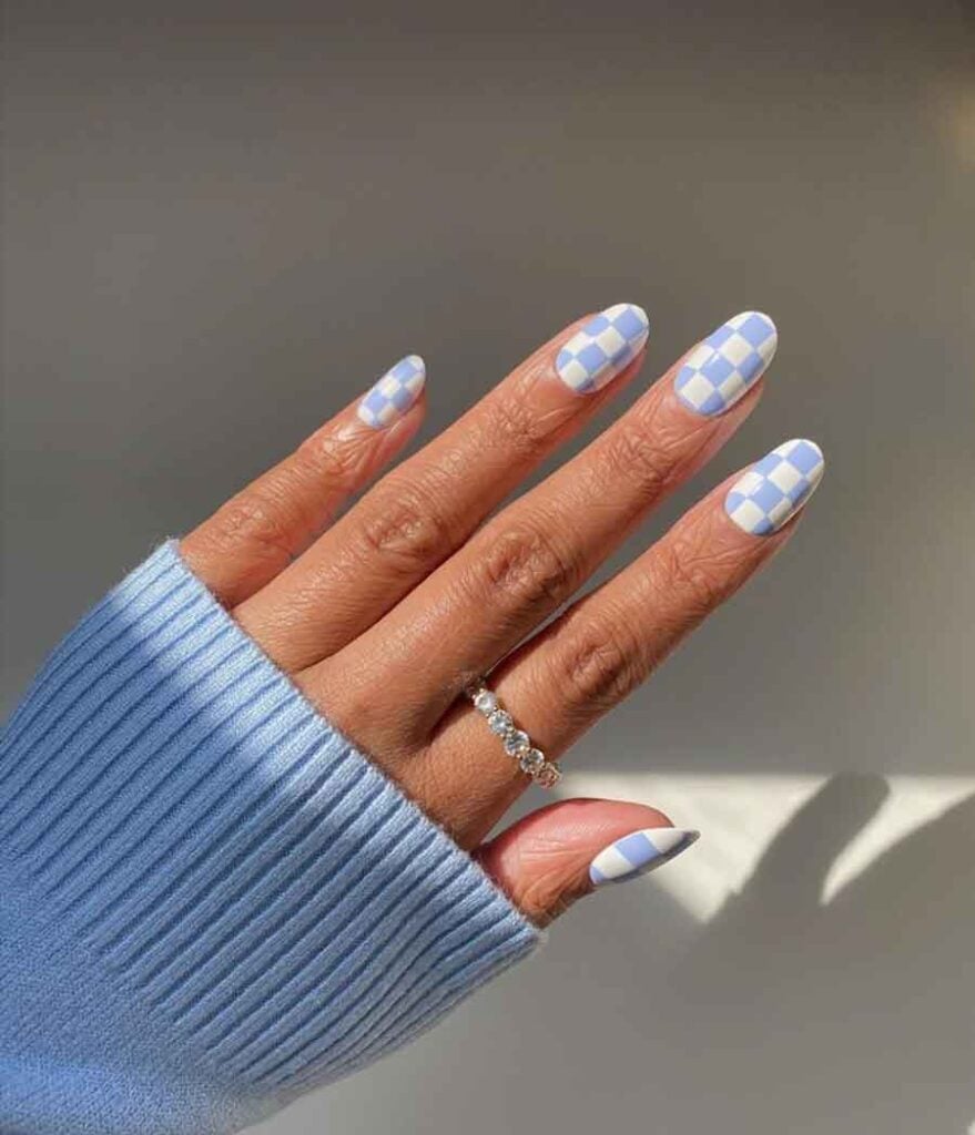 Crisp Blue and White Checkerboard Almond Nails, Glossy Crisp Blue and White Checkerboard Almond Nails, Glossy — Preppy Nails