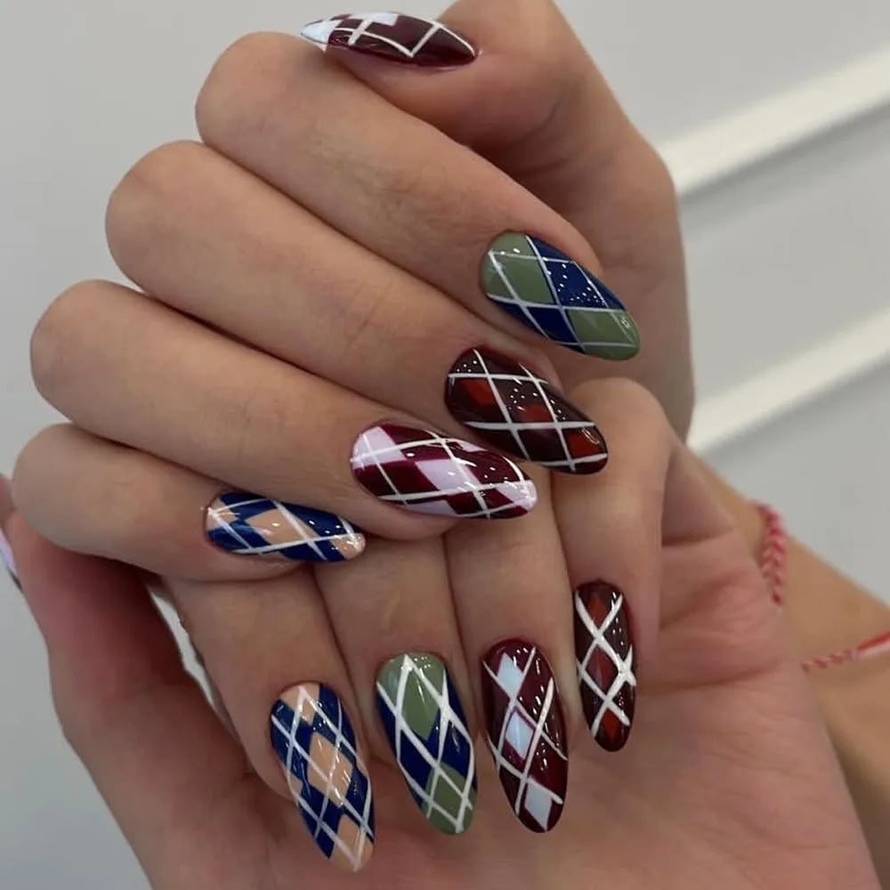 Burgundy and Navy Plaid Medium Almond Nails Burgundy and Navy Plaid Medium Almond Nails — Preppy Nails
