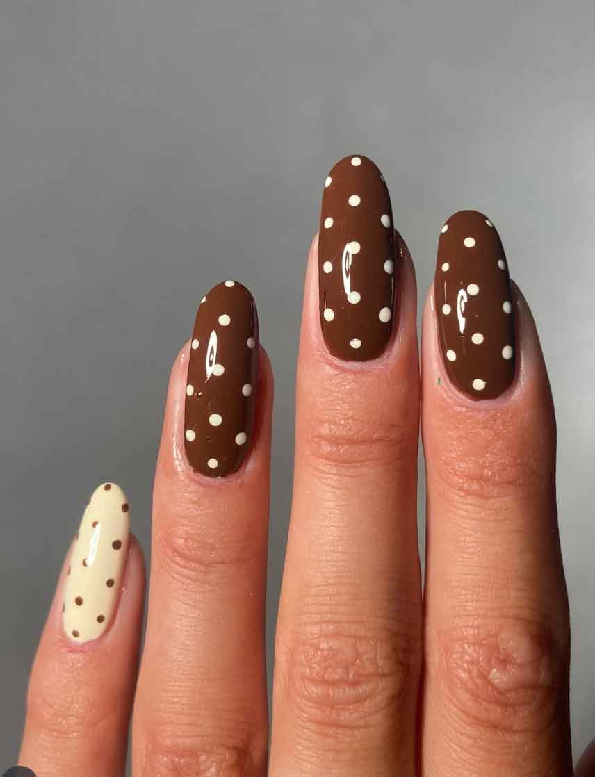 Brown and Cream Polka Dot Medium Oval Nails Brown and Cream Polka Dot Medium Oval Nails — Preppy Nails