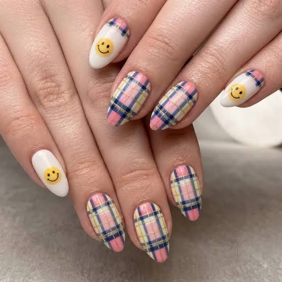 Pink and Blue Plaid Smiley Face Almond Nails Pink and Blue Plaid Smiley Face Almond Nails — Preppy Nails