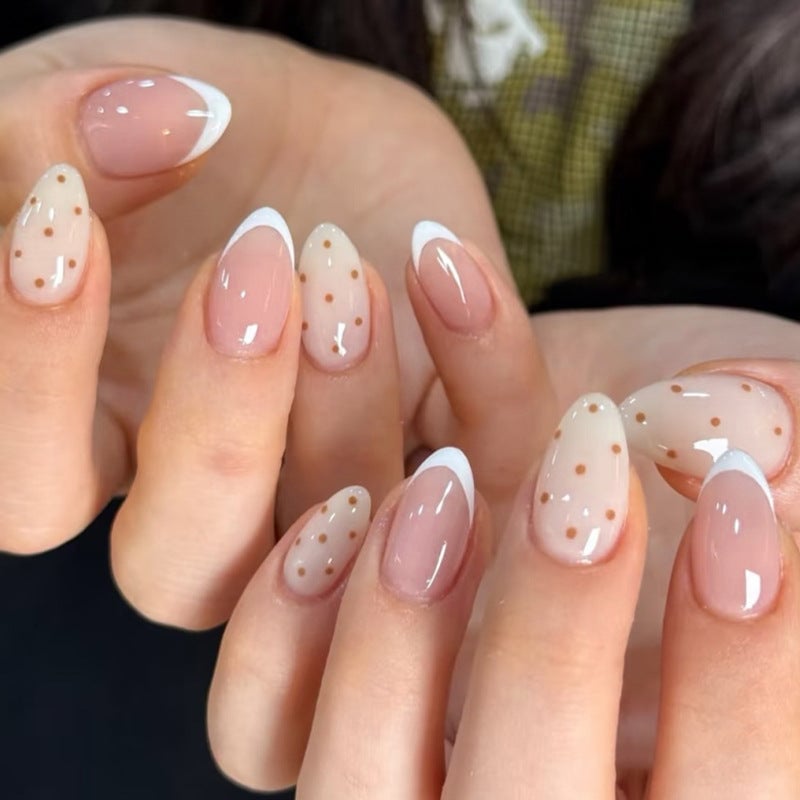 Nude Pink Polka Dot White Tip Short Oval Nails Nude Pink Polka Dot White Tip Short Oval Nails — Press On Nails