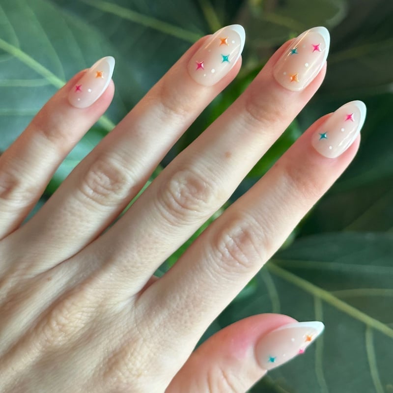 Sheer Nude Tiny Colorful Stars Medium Almond Nails Sheer Nude Tiny Colorful Stars Medium Almond Nails — Press On Nails