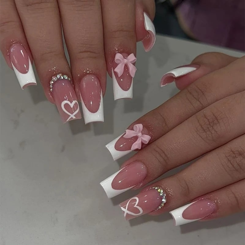 Square Medium Length Pink Bow Heart Nails Square Medium Length Pink Bow Heart Nails — Press On Nails