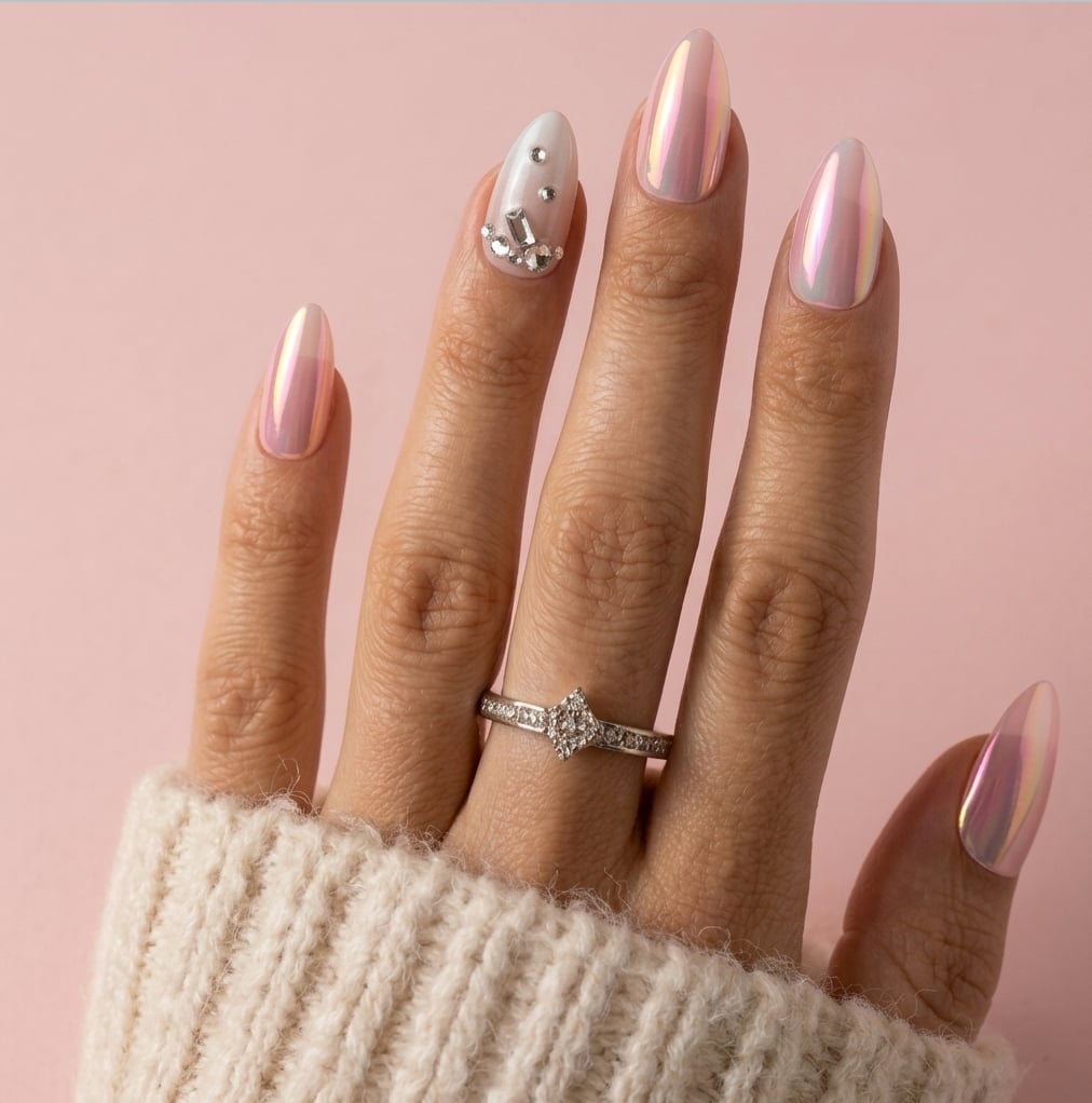 Iridescent Pink White Chrome Long Almond Nails Iridescent Pink White Chrome Long Almond Nails — Press On Nails