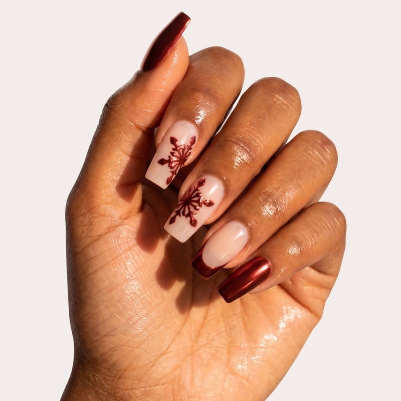 Metallic Red Snowflake French Long Coffin Nails Metallic Red Snowflake French Long Coffin Nails — Press On Nails