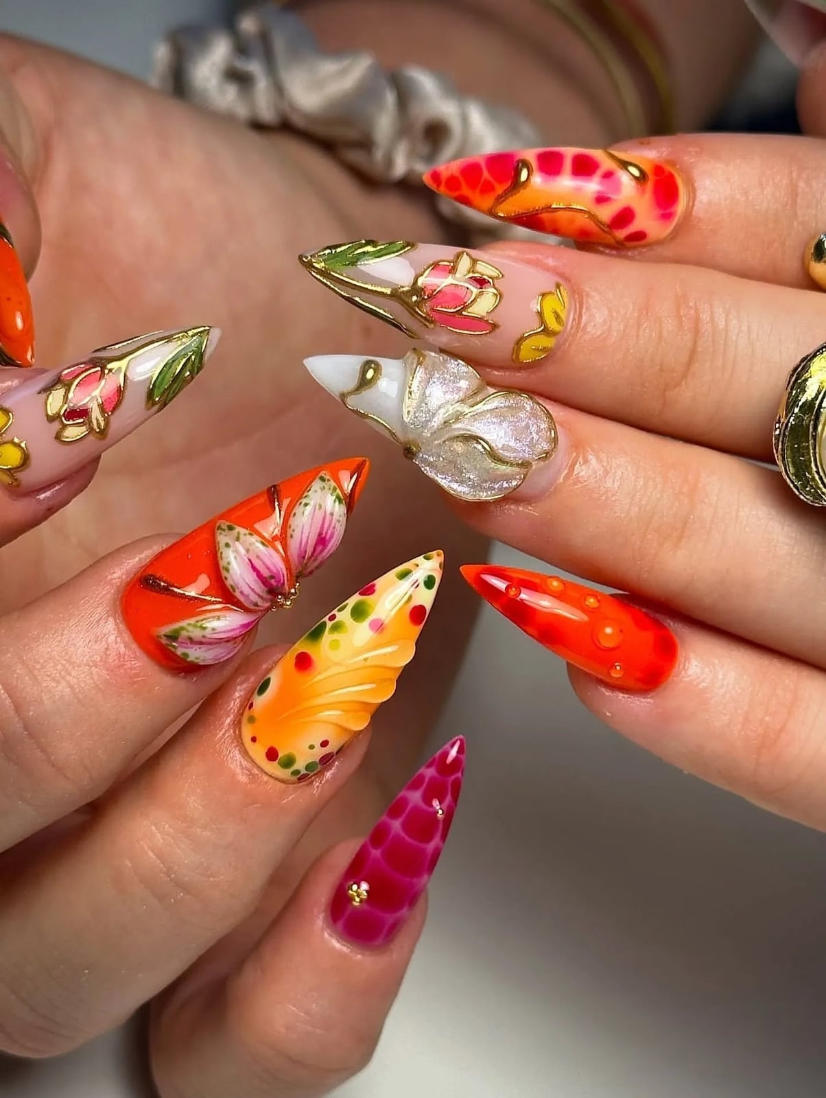 Long Square Vibrant Floral Gold Foil Nails Long Square Vibrant Floral Gold Foil Nails — Press On Nails