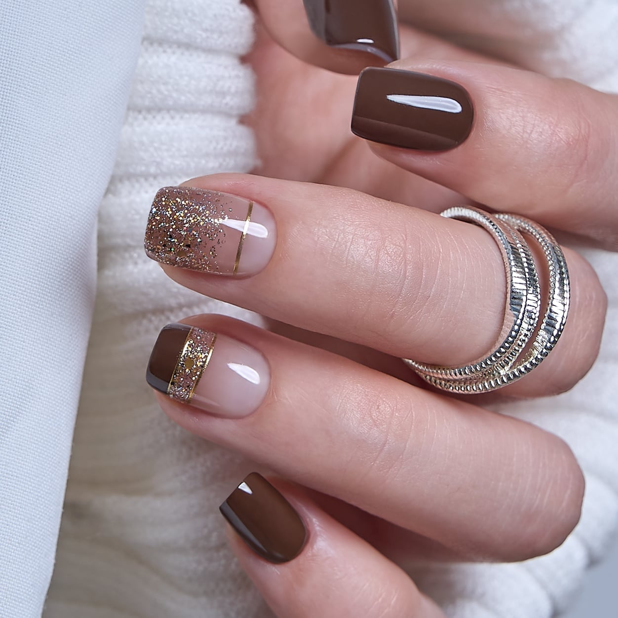 Glossy Dark Brown Gold Foil Short Square Nails Glossy Dark Brown Gold Foil Short Square Nails — Press On Nails