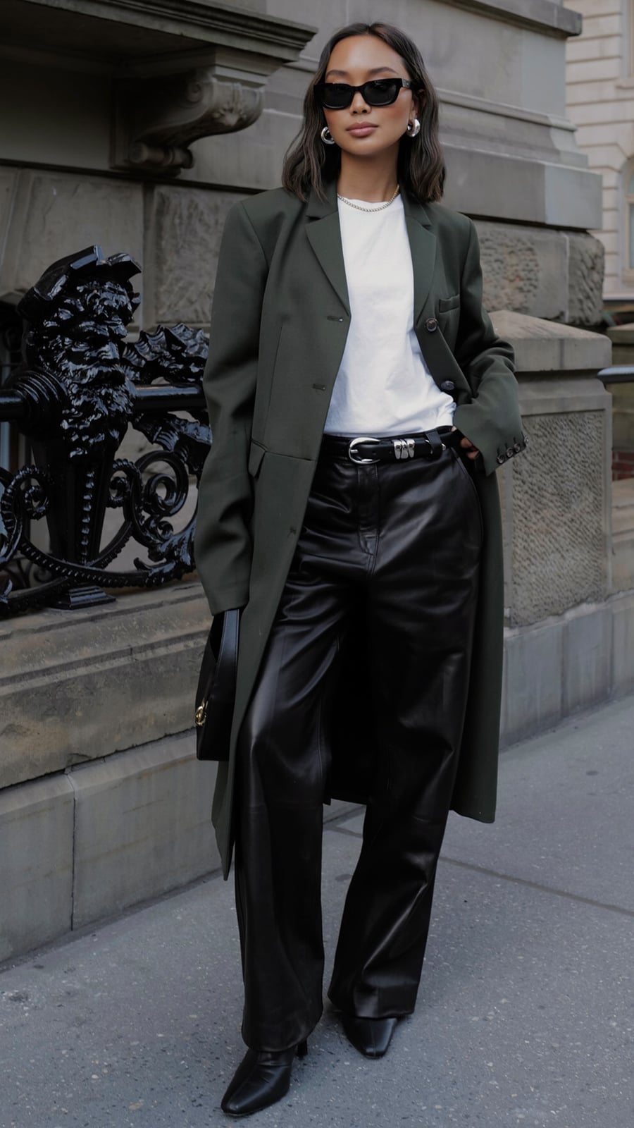 Longline olive green coat over white t-shirt and leather pants Longline olive green coat over white t-shirt and leather pants — Professional Outfits