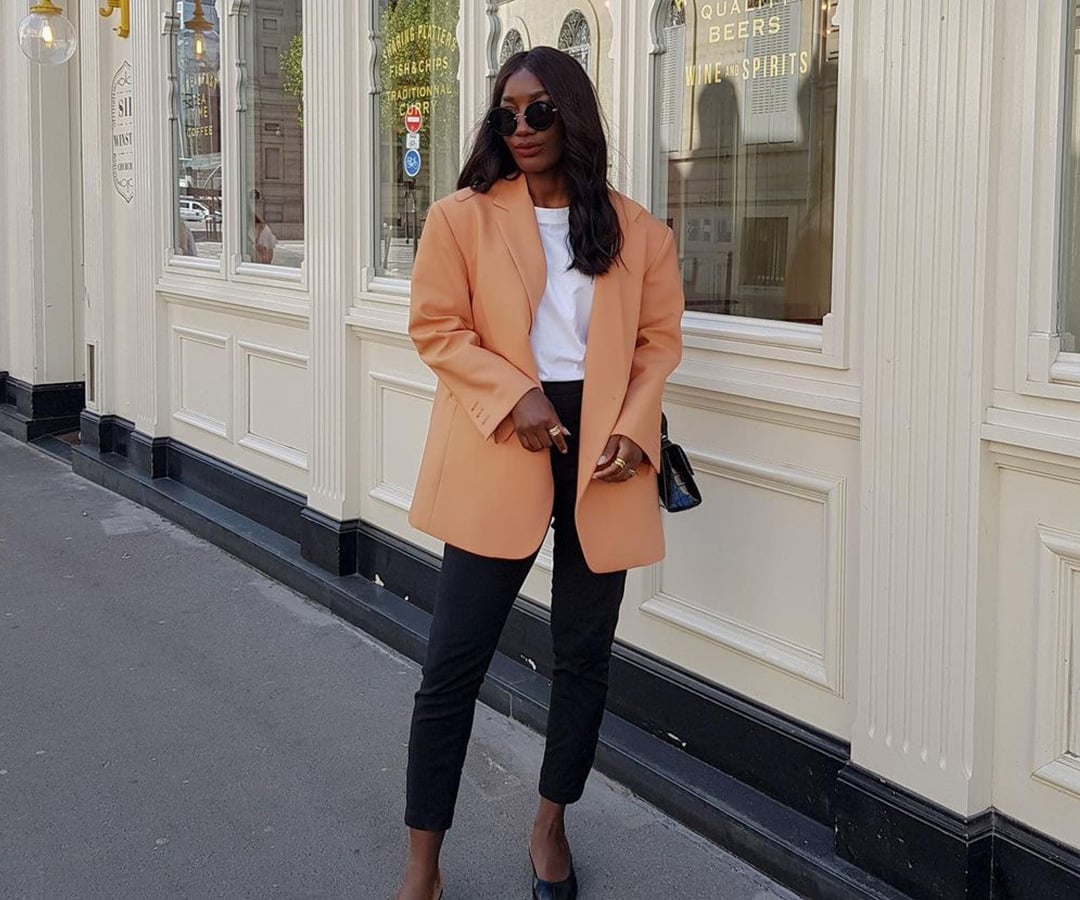 Oversized peach blazer with black slim-fit pants Oversized peach blazer with black slim-fit pants — Professional Outfits