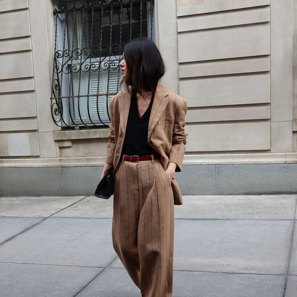 Camel pinstripe suit with red belt accent Camel pinstripe suit with red belt accent — Professional Outfits