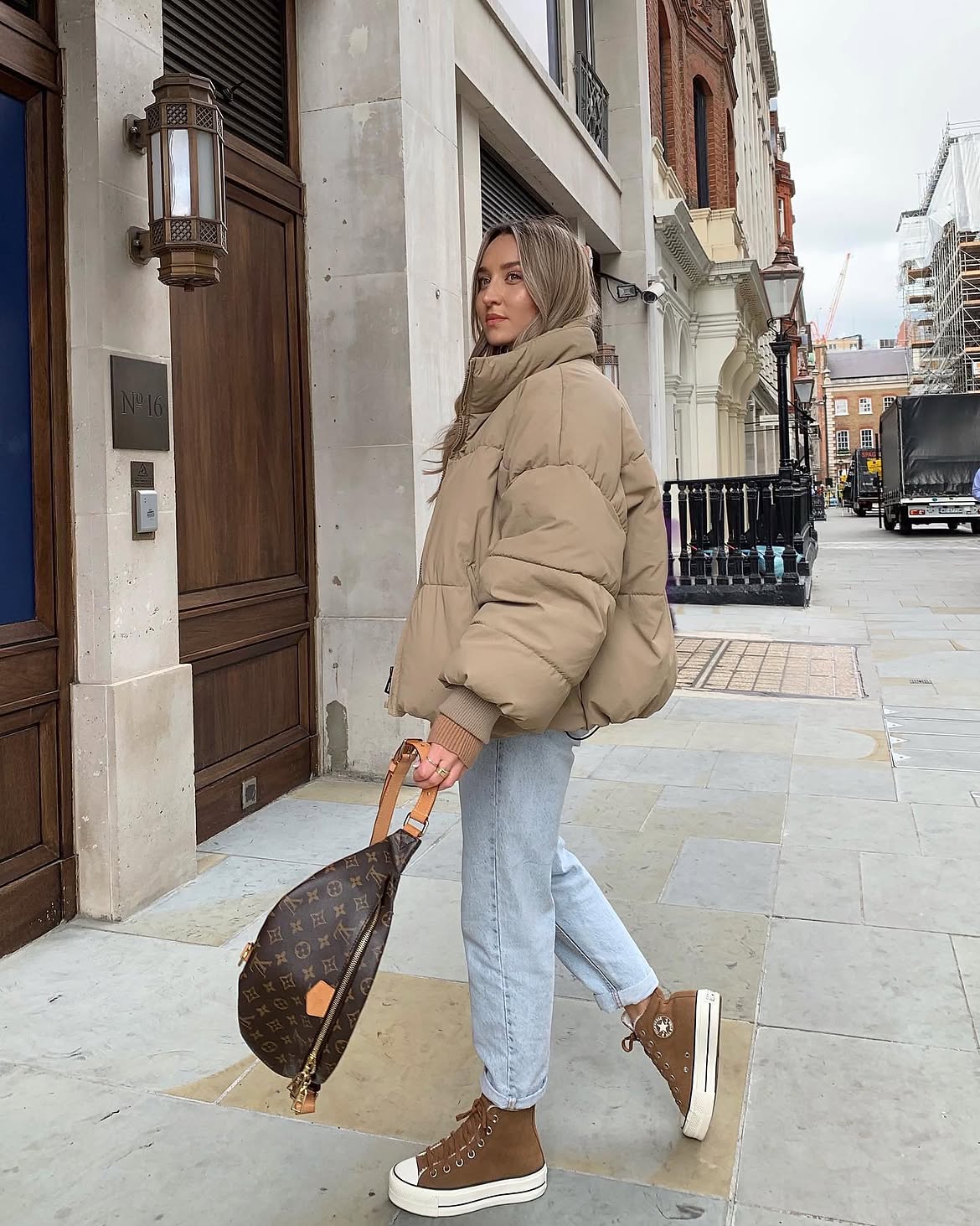 Puffer Coat With Light Wash Denim Casual Look