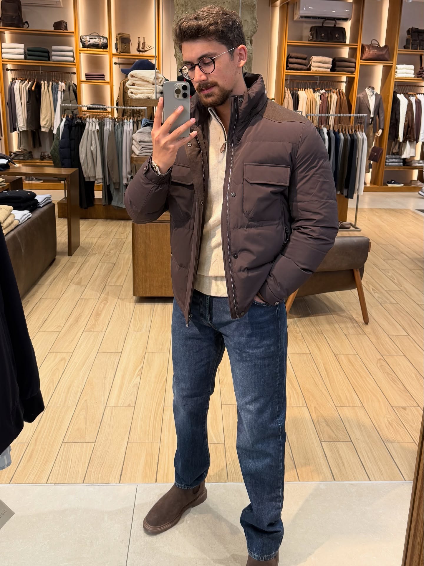 Puffer Jacket Layered Over Cable Knit