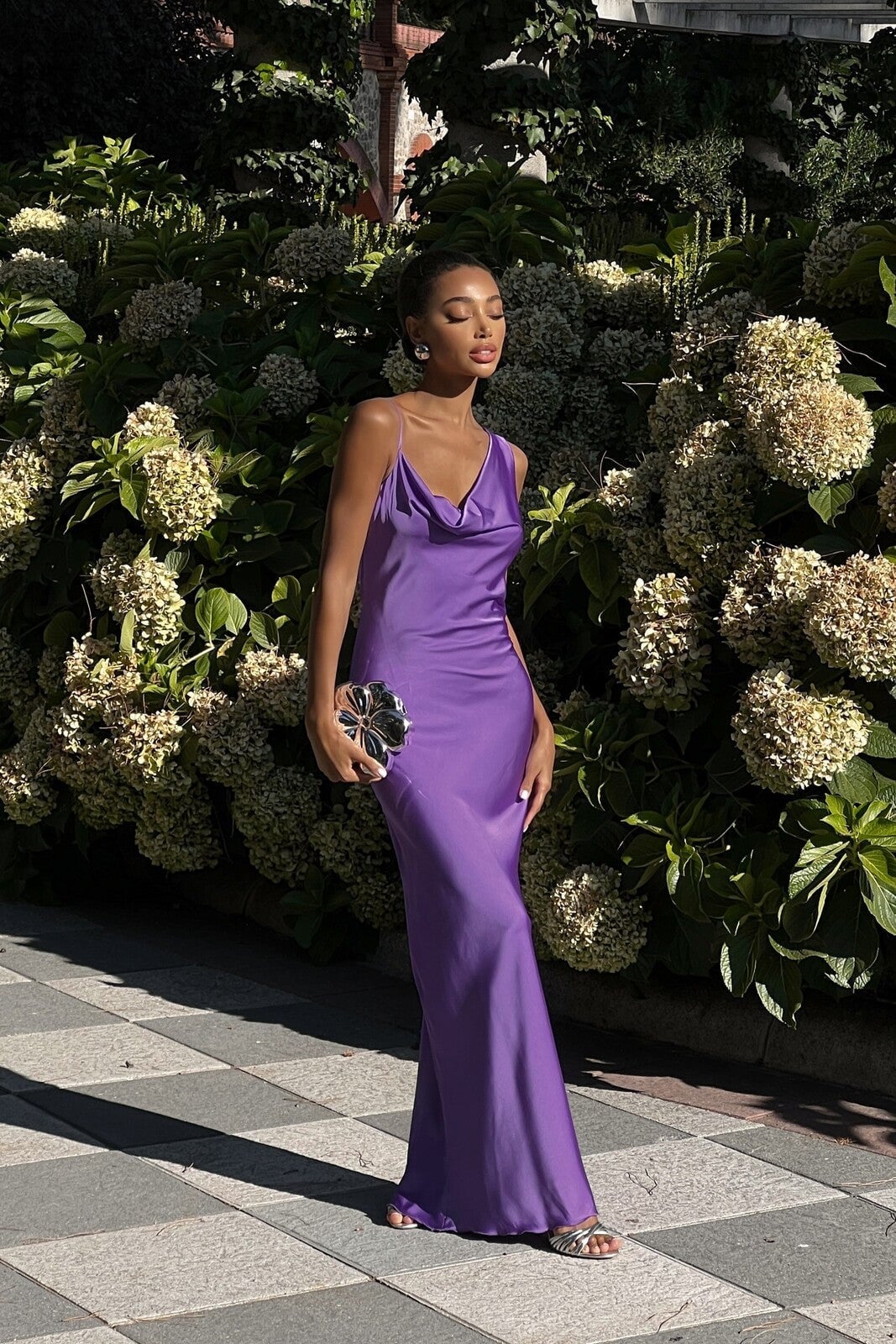 Vibrant Purple Satin Maxi Dress for Evening Glamour Purple Dress