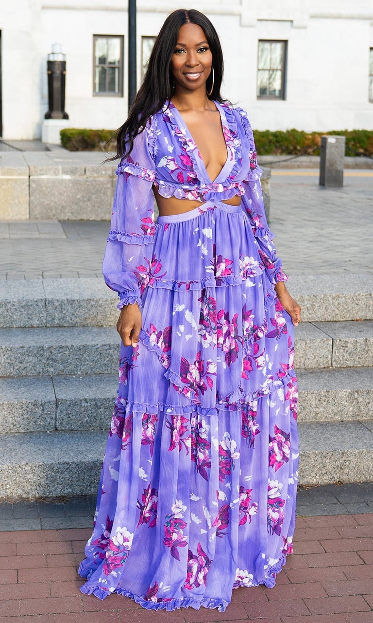 Flowing Purple Floral Maxi Dress with Tiered Skirt Flowing Purple Floral Maxi Dress with Tiered Skirt — Purple Dress