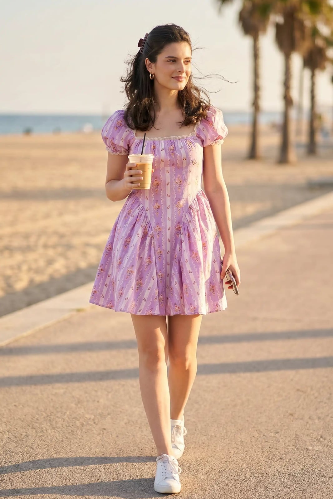 Lilac Floral Stripe Mini Dress with Puff Sleeves Lilac Floral Stripe Mini Dress with Puff Sleeves — Purple Dress