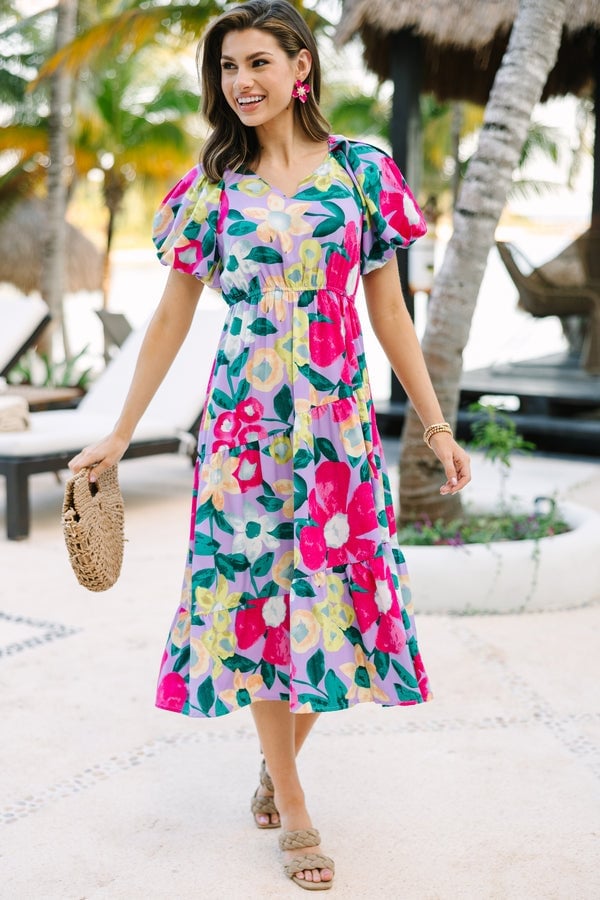 Lavender Floral Midi Dress with Belted Waist Lavender Floral Midi Dress with Belted Waist — Purple Dress