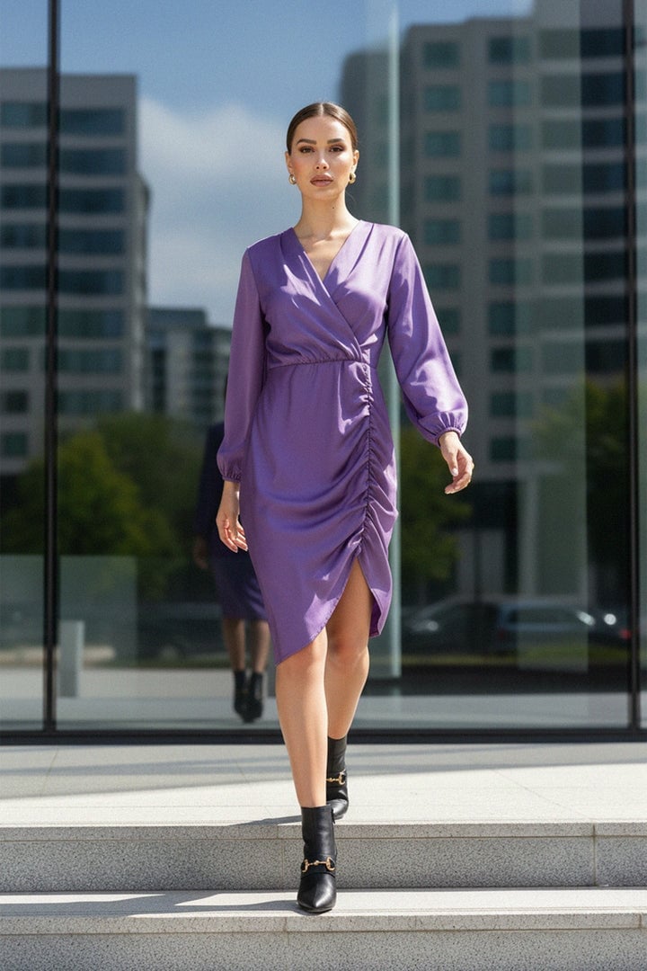 Purple Midi Wrap Dress with Ruched Side Detail Purple Midi Wrap Dress with Ruched Side Detail — Purple Dress