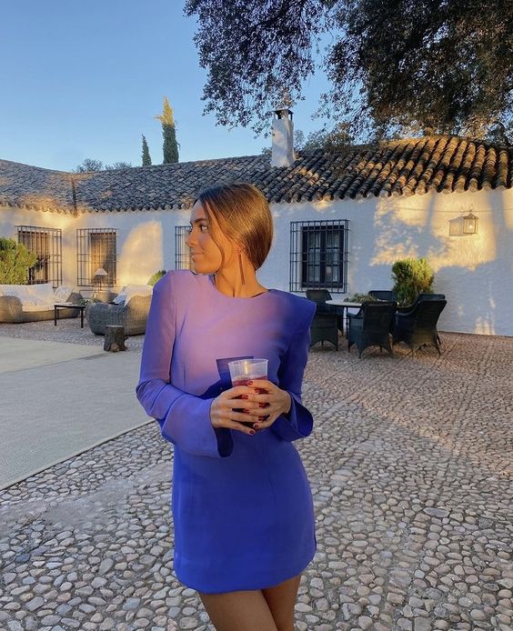 Royal Blue Long Sleeve Mini Dress with Structured Shoulders Royal Blue Long Sleeve Mini Dress with Structured Shoulders — Purple Dress