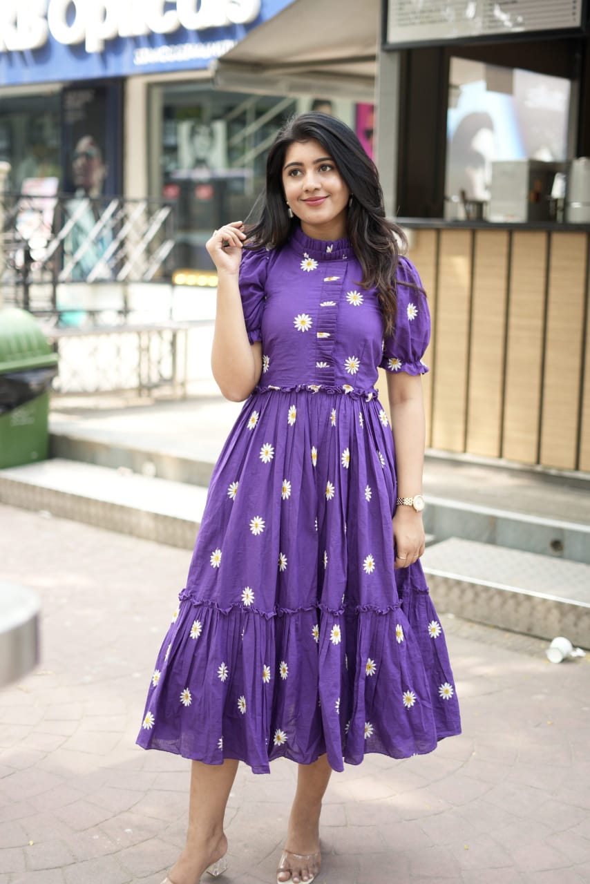 Purple Midi Dress with Daisy Embroidery Purple Midi Dress with Daisy Embroidery — Purple Dress