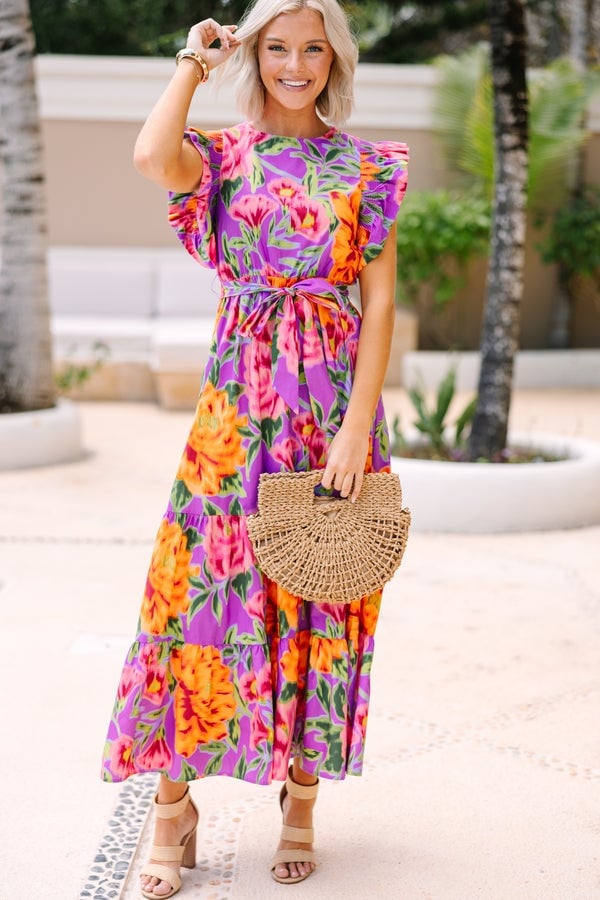 Purple Floral Maxi Dress with Belted Tiered Skirt, Woven Fan Bag Purple Floral Maxi Dress with Belted Tiered Skirt, Woven Fan Bag — Purple Dress