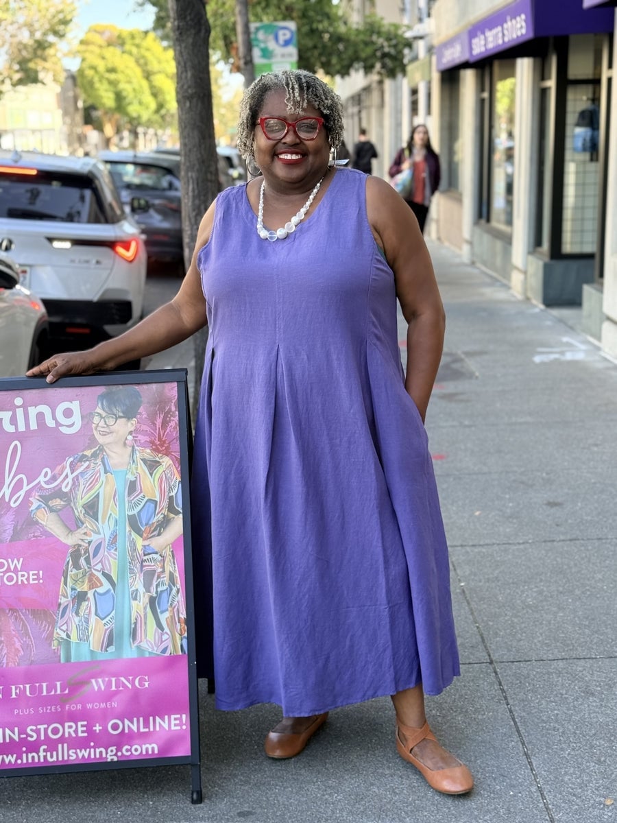 Vibrant Purple Linen Midi Dress with Pleated Front Vibrant Purple Linen Midi Dress with Pleated Front — Purple Dress