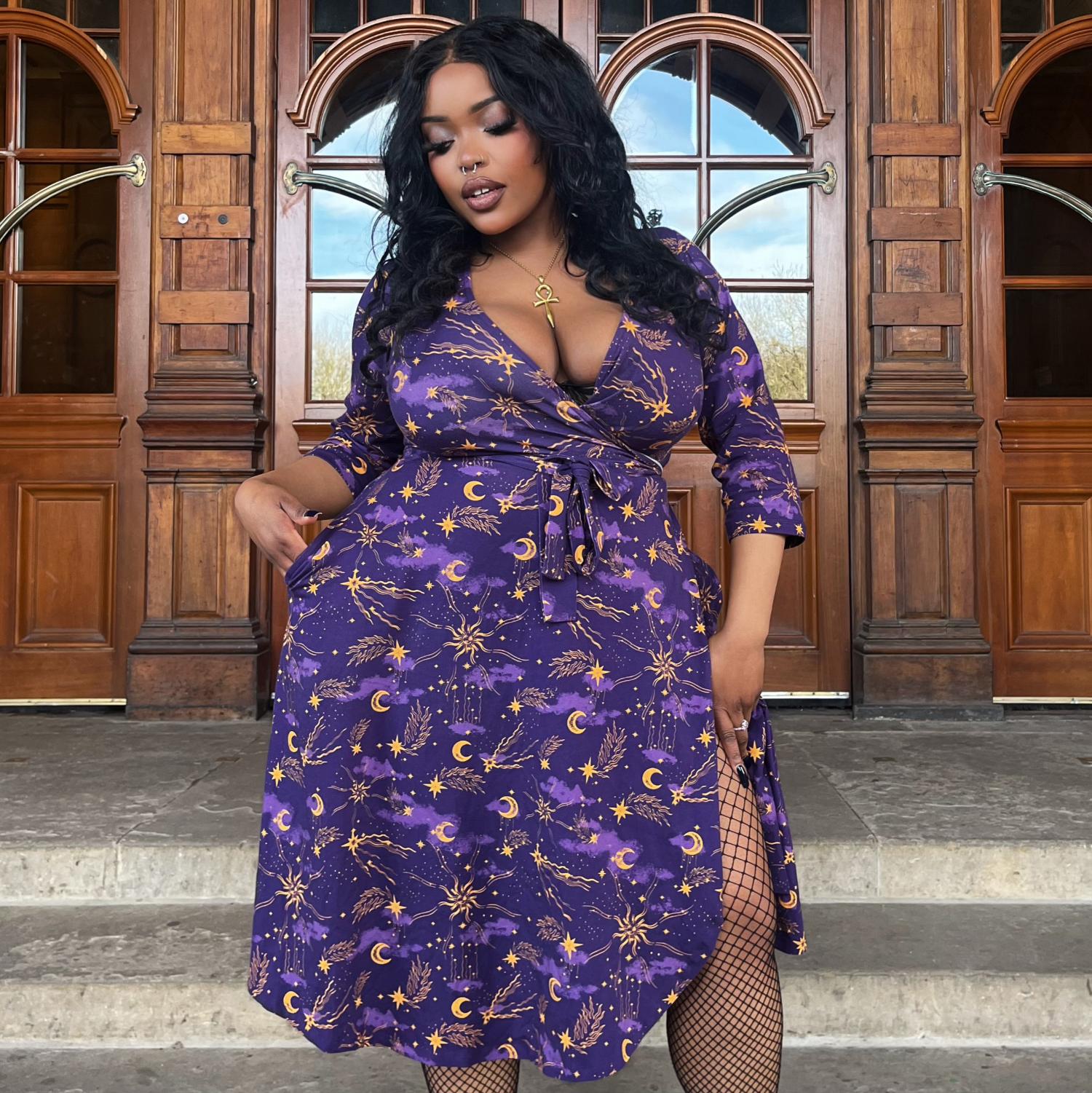 Purple Celestial Print Wrap Midi Dress Purple Celestial Print Wrap Midi Dress — Purple Dress